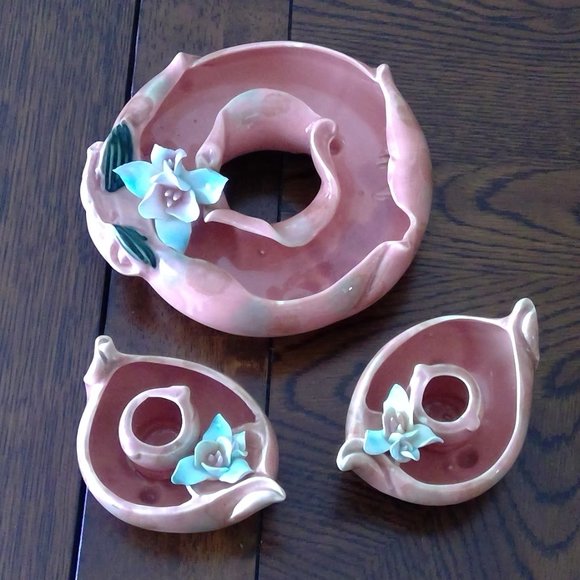 S/3 Vintage Ucagco Ceramics Japan Porcelain bud vase centerpiece/candleholders - Picture 1 of 15